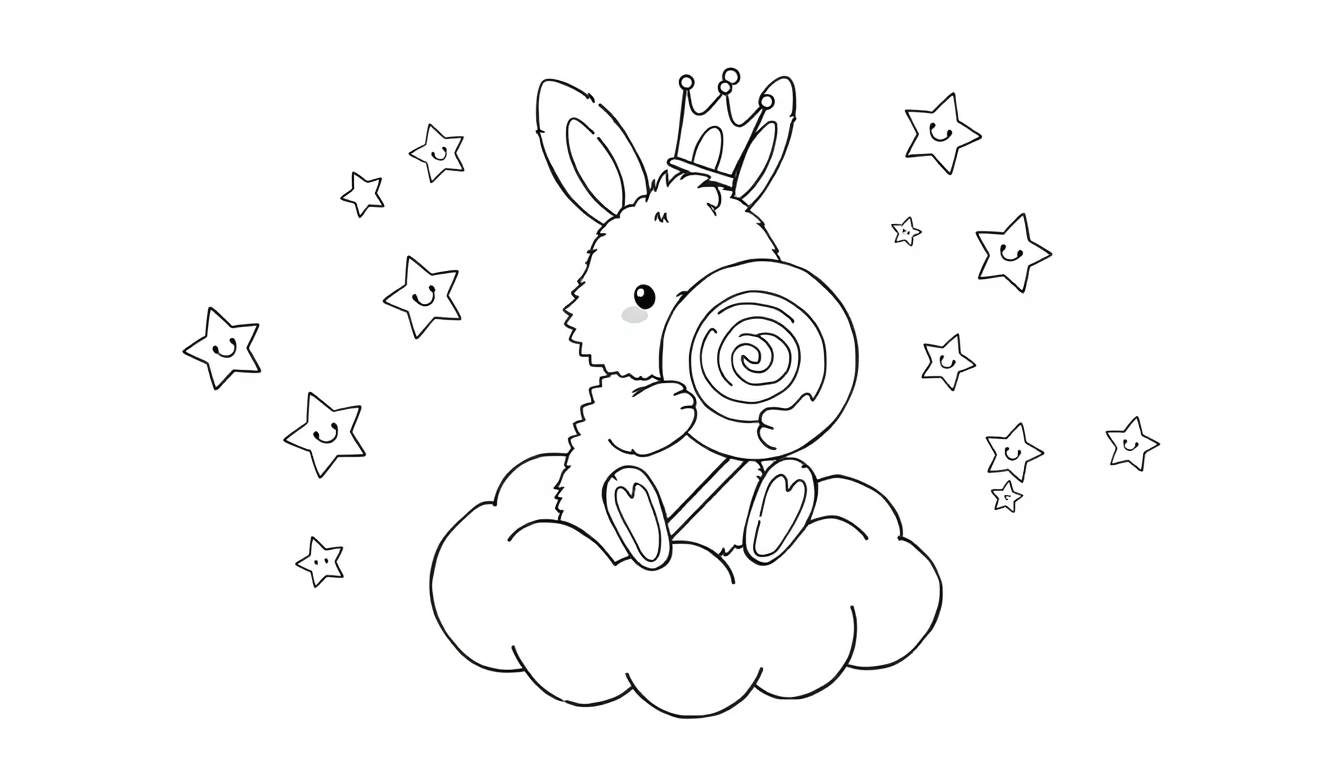 A cute bunny with a crown sits on a cloud, holding a lollipop, with smiling stars around it.