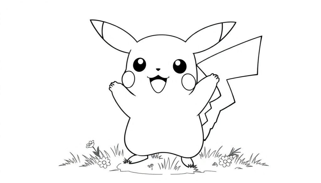 A cute Pikachu illustration in black and white, ready for a color panel adventure!