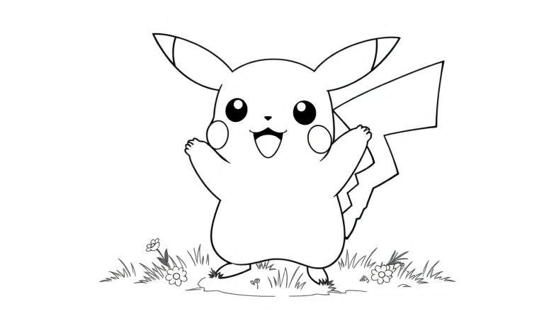 A cute Pikachu illustration in black and white, ready for a color panel adventure!