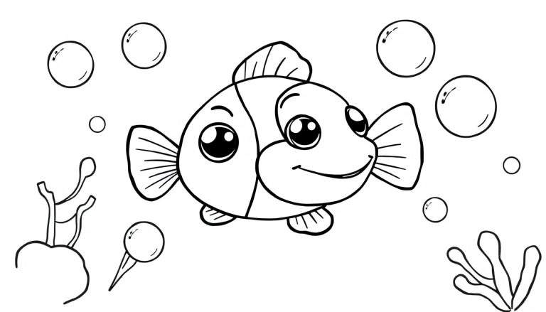 A cute black and white clownfish with big eyes and a smile, surrounded by bubbles and underwater plants, ready to be colored in this fun color panel.