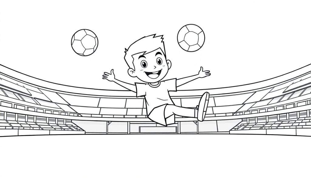 A happy boy with two soccer balls, ready to play in a stadium, black and white color panel.