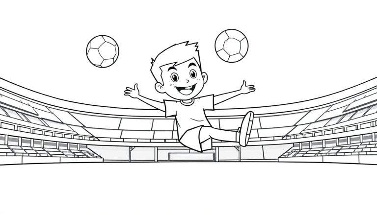 A happy boy with two soccer balls, ready to play in a stadium, black and white color panel.