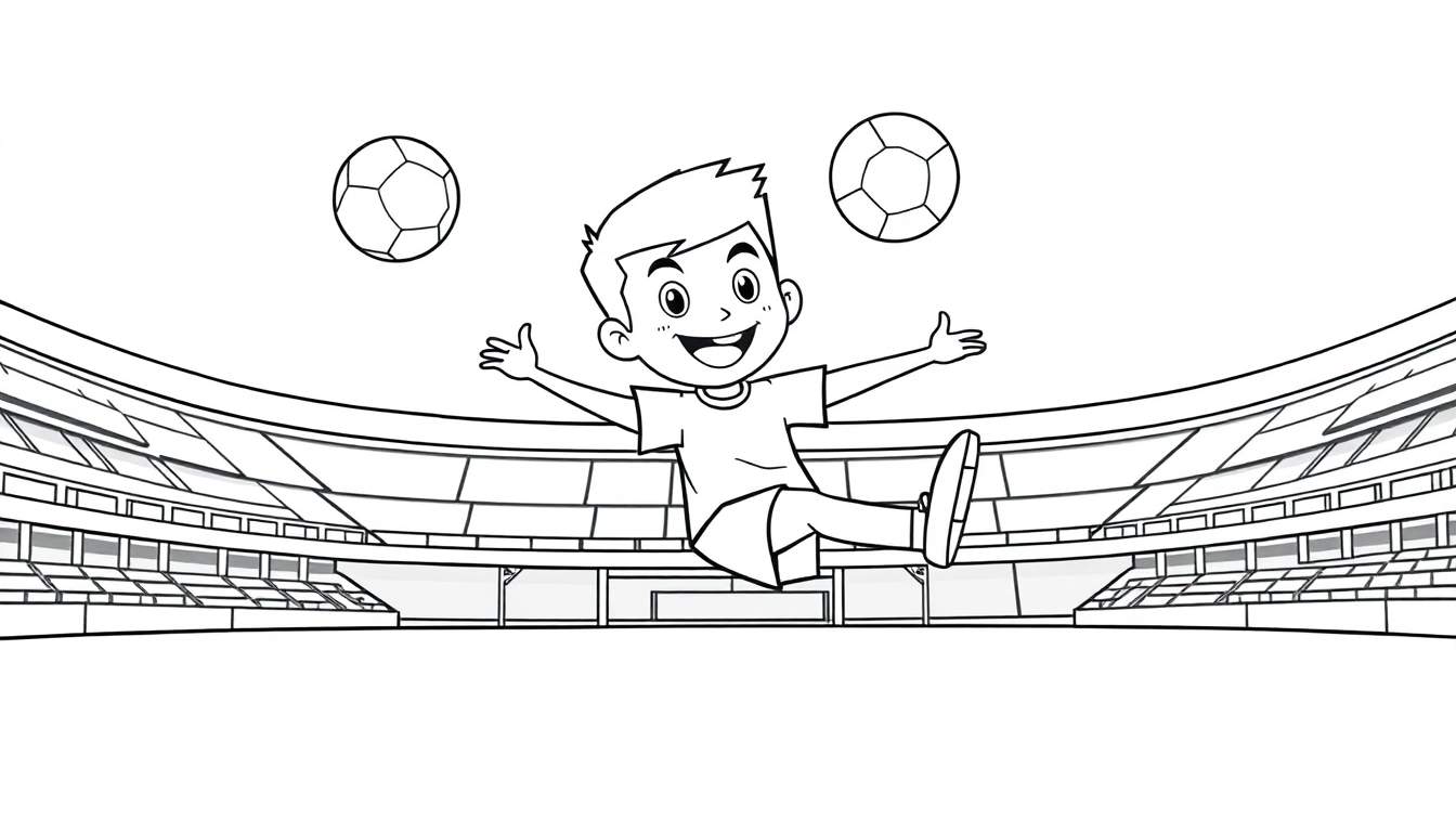 A happy boy with two soccer balls, ready to play in a stadium, black and white color panel.