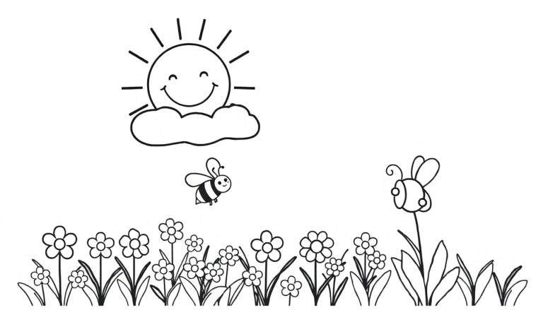 A cheerful black and white line drawing of a smiling sun, a fluffy cloud, two bees, and a field of flowers, ready for a color panel.