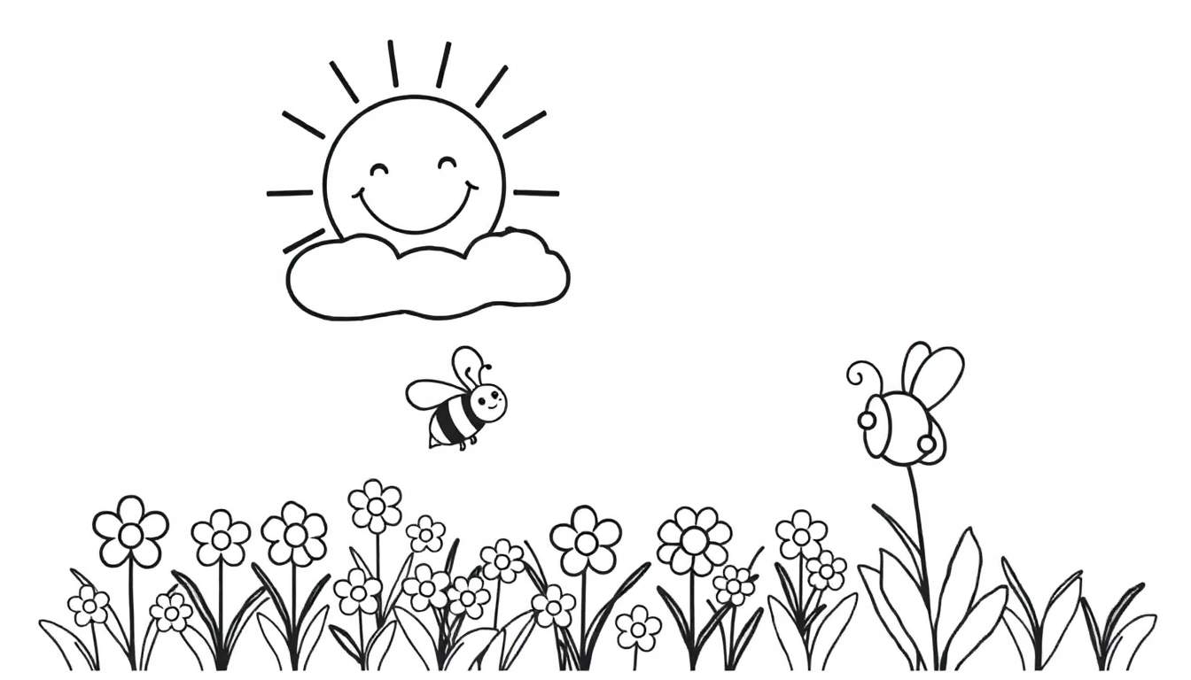 A cheerful black and white line drawing of a smiling sun, a fluffy cloud, two bees, and a field of flowers, ready for a color panel.