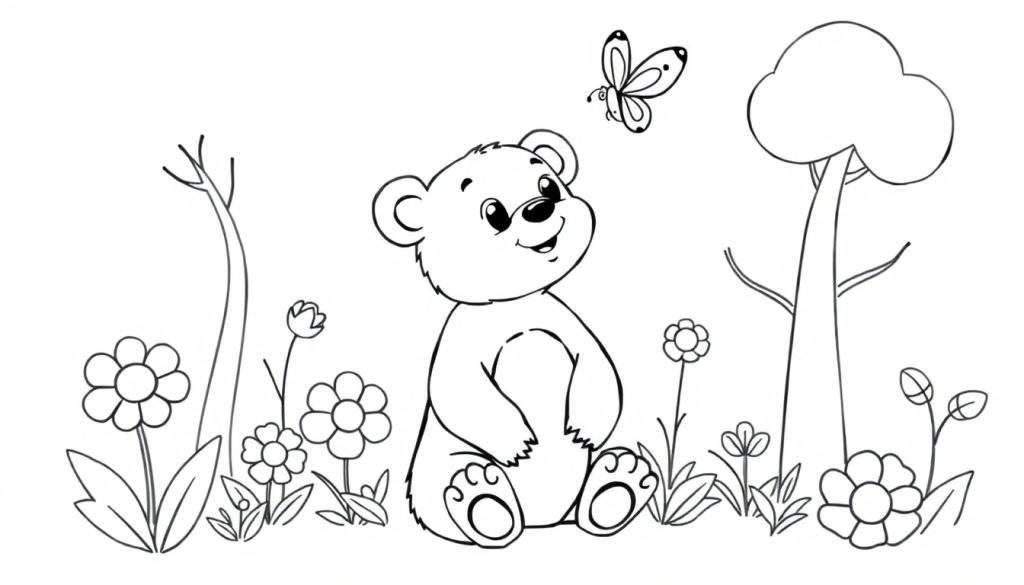 A cute bear cub in a flower field, a butterfly above, with trees and branches, perfect for a color panel.