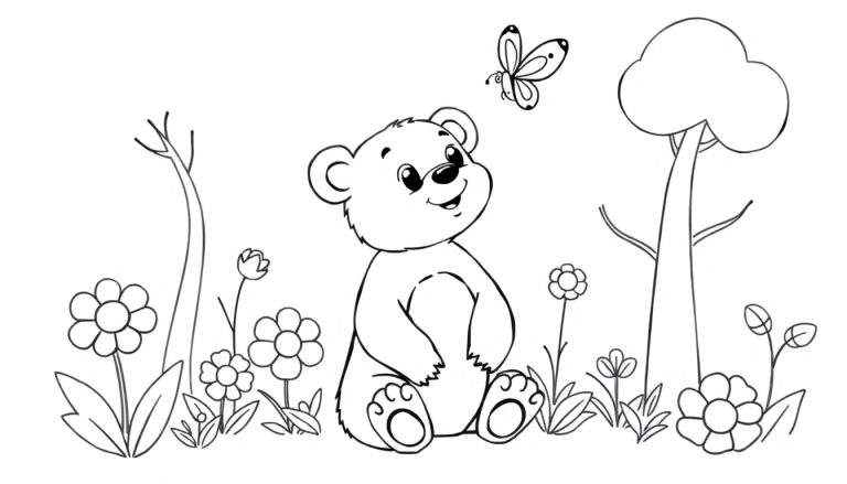 A cute bear cub in a flower field, a butterfly above, with trees and branches, perfect for a color panel.