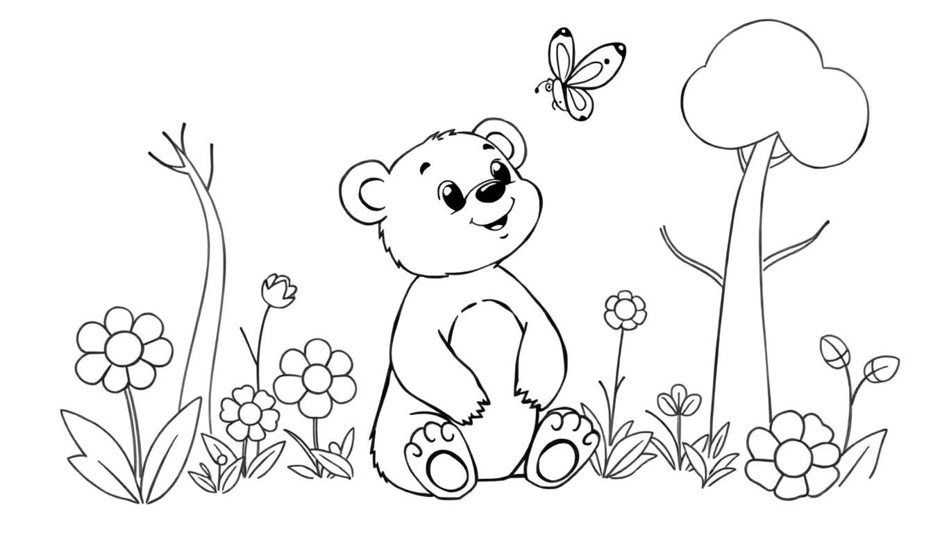 A cute bear cub in a flower field, a butterfly above, with trees and branches, perfect for a color panel.