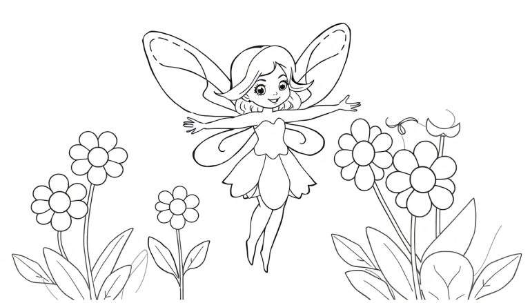 A black and white coloring panel of a fairy with delicate wings and a petal-like dress, flying among enchanting flowers.