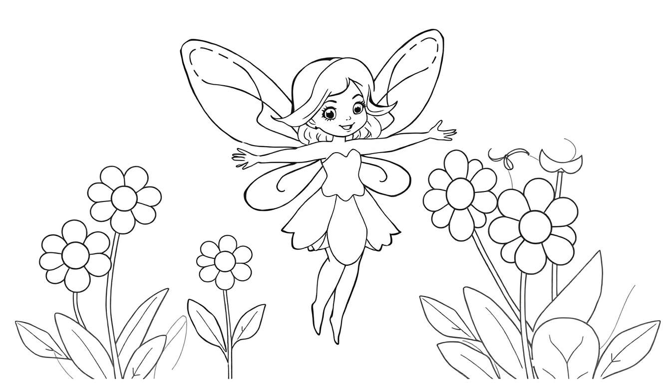 A black and white coloring panel of a fairy with delicate wings and a petal-like dress, flying among enchanting flowers.
