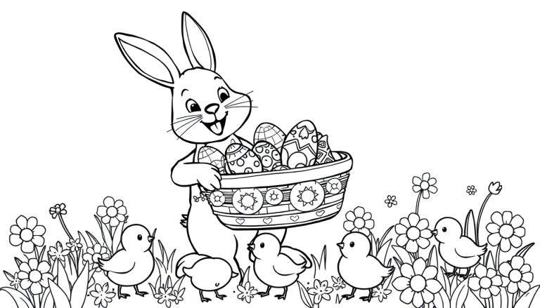 A black and white color panel of a happy Easter bunny with a basket of decorated eggs, surrounded by chicks and flowers.
