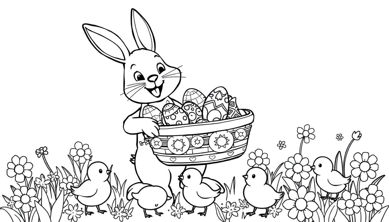 A black and white color panel of a happy Easter bunny with a basket of decorated eggs, surrounded by chicks and flowers.