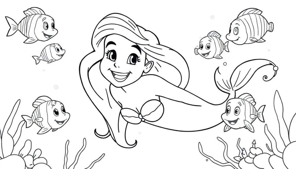 Ariel the mermaid with flowing hair and a smile, surrounded by fish and undersea plants, as a black and white color panel.