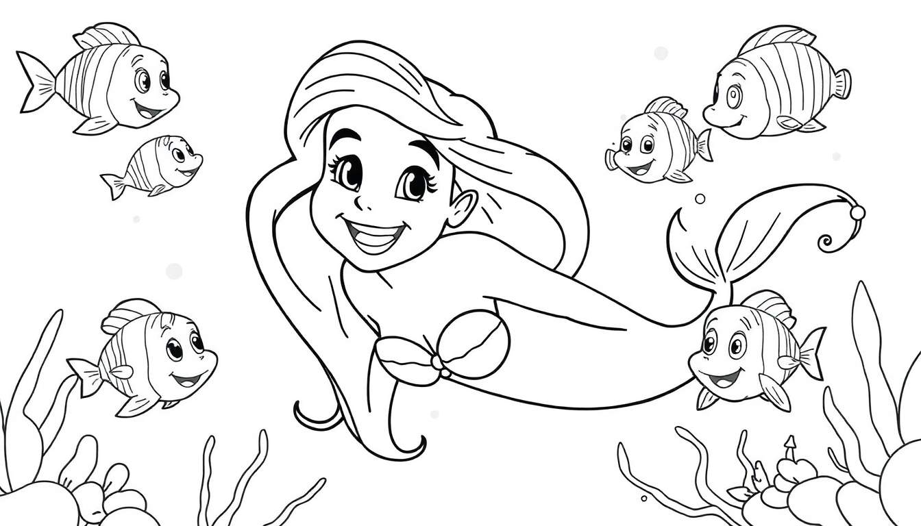 Ariel the mermaid with flowing hair and a smile, surrounded by fish and undersea plants, as a black and white color panel.