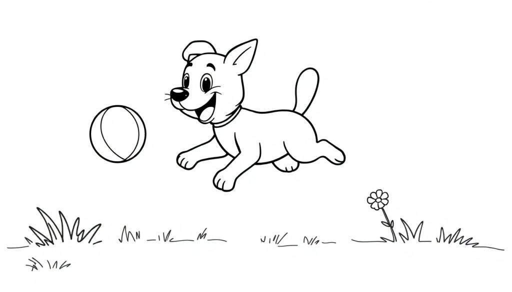 A black and white color panel of Bluey joyfully leaping for a ball in a sunny park.
