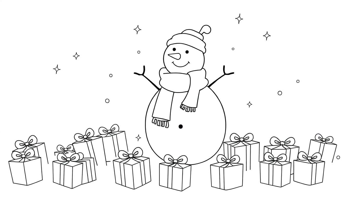A cheerful black and white illustration of a snowman with a carrot nose and button eyes, wearing a hat and scarf, surrounded by presents.
