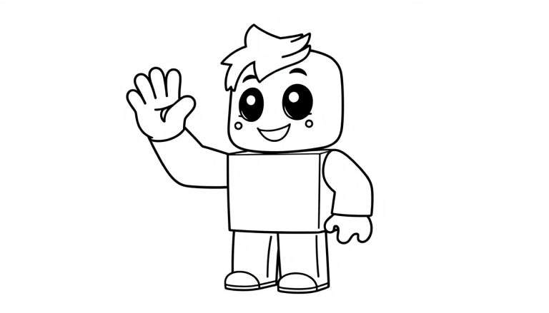 A black and white cartoon Roblox avatar with a square body, round head, and big round eyes, waving hello. This coloring page is ready for your creative color panel!