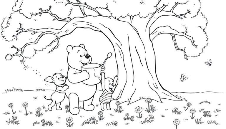 A black and white coloring page featuring Winnie the Pooh, Piglet, and Tigger enjoying honey.