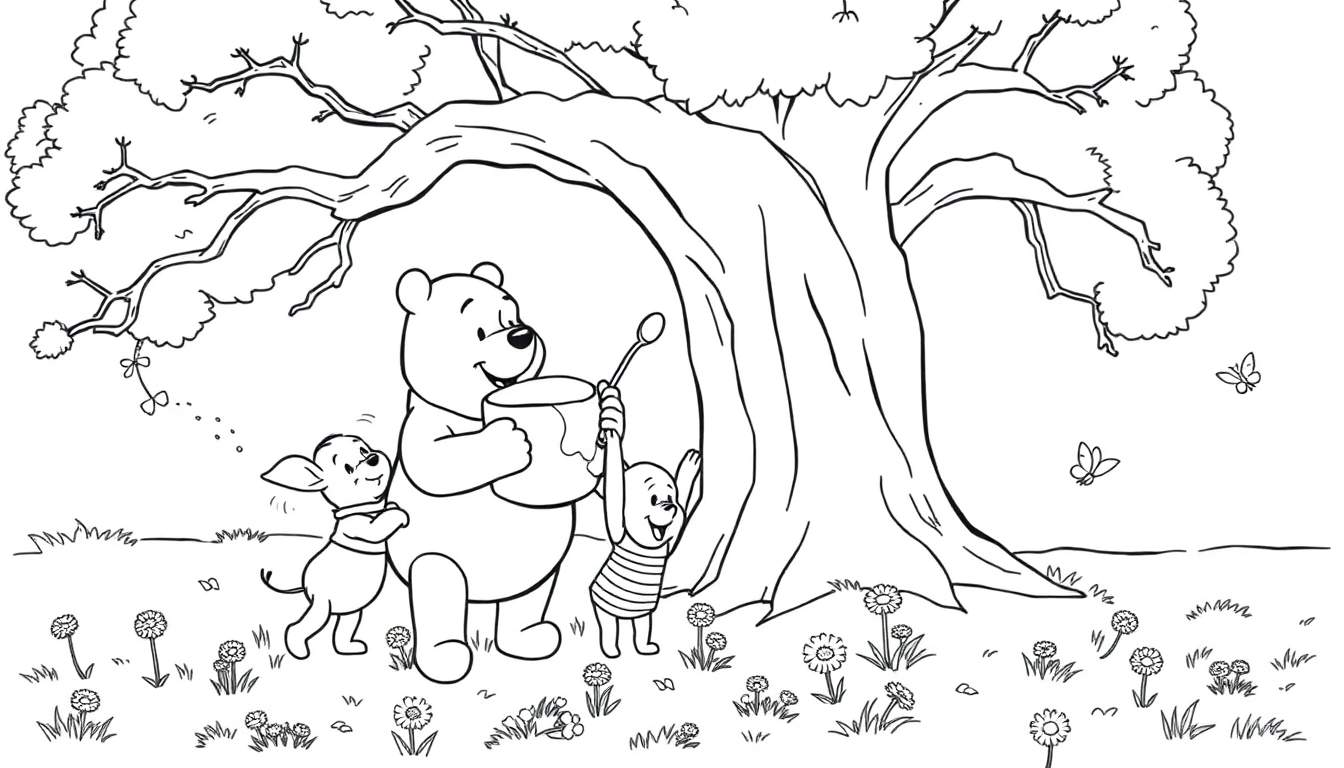 A black and white coloring page featuring Winnie the Pooh, Piglet, and Tigger enjoying honey.