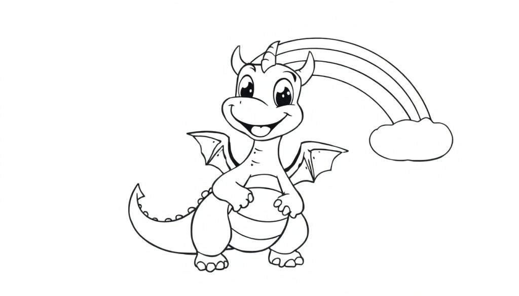 A friendly black and white dragon in a color panel, smiling near a rainbow and a cloud.
