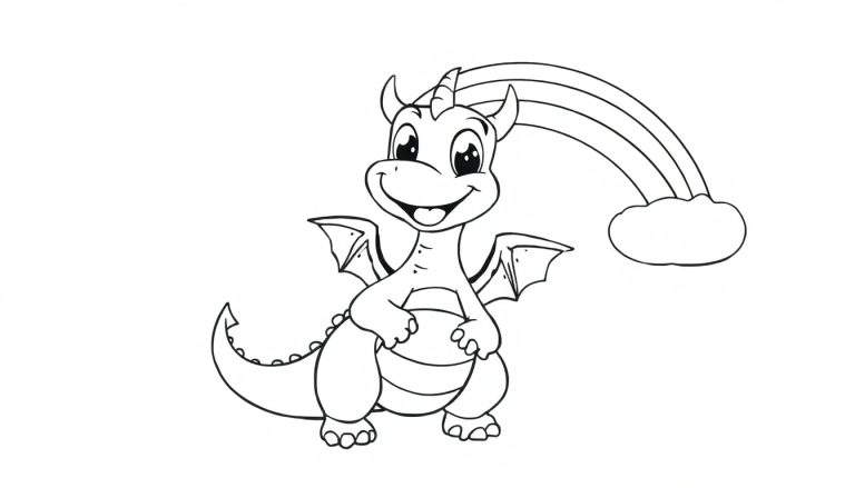 A friendly black and white dragon in a color panel, smiling near a rainbow and a cloud.