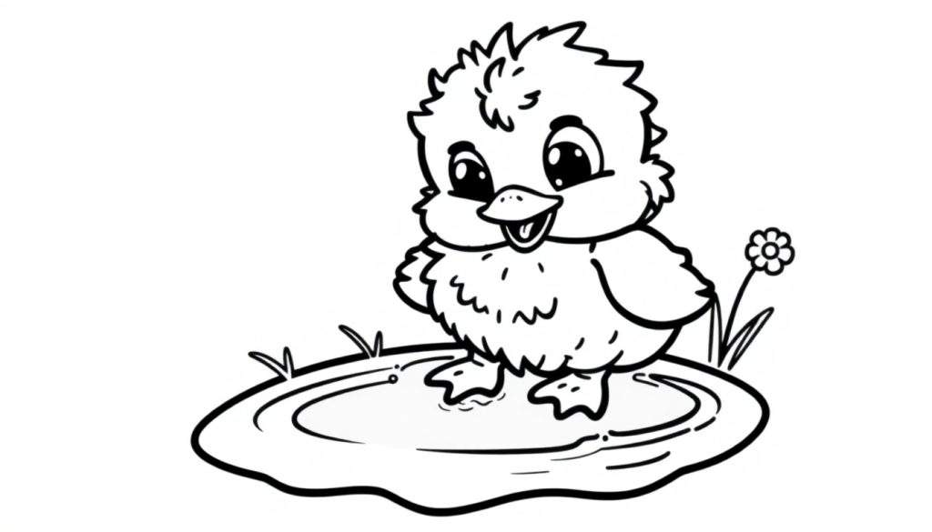 A black and white coloring panel of a happy duckling splashing in a puddle with a flower nearby.