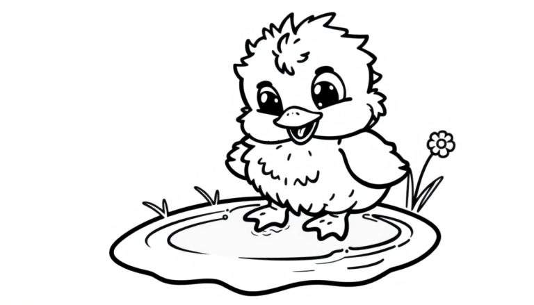 A black and white coloring panel of a happy duckling splashing in a puddle with a flower nearby.