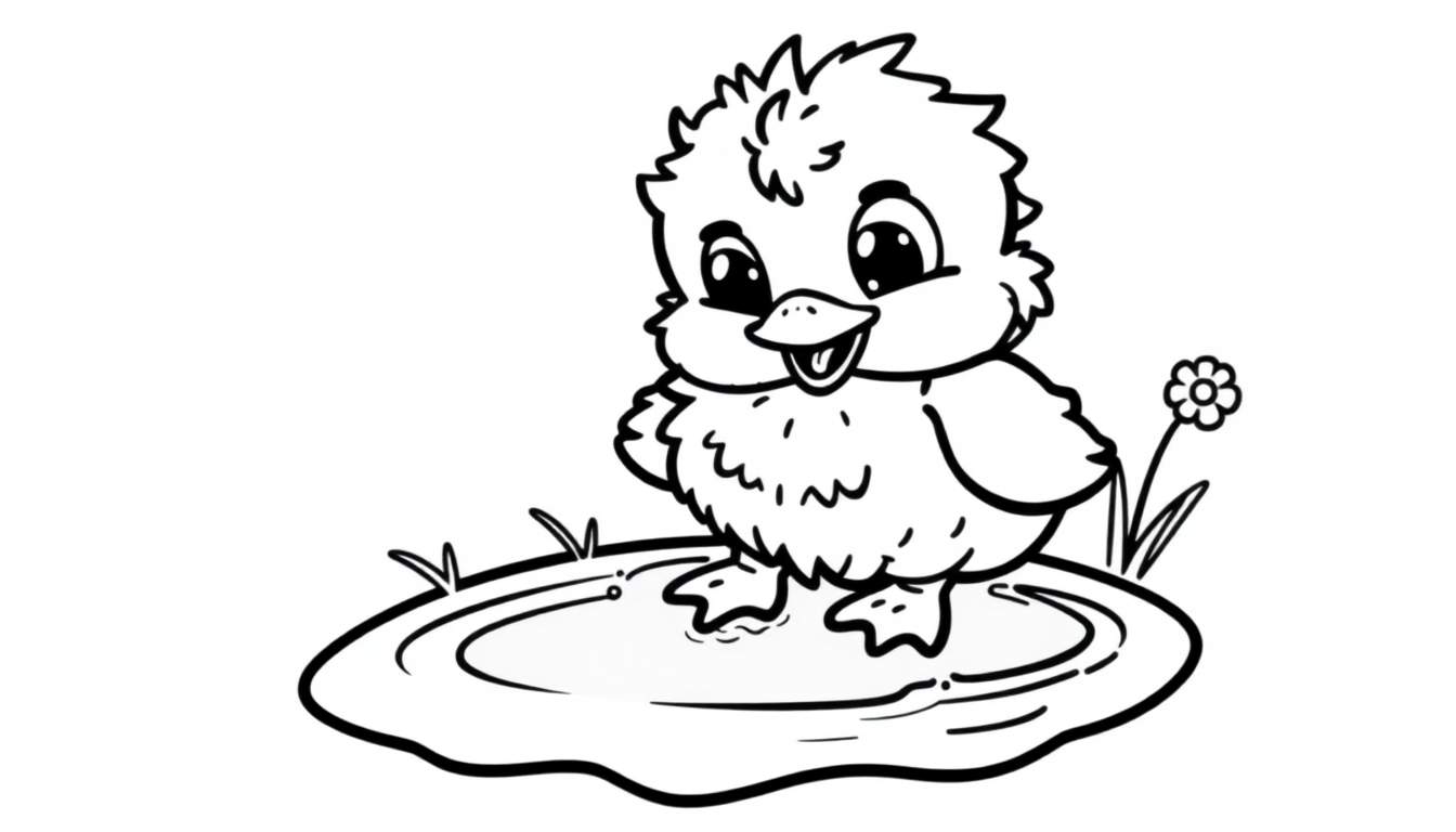 A black and white coloring panel of a happy duckling splashing in a puddle with a flower nearby.