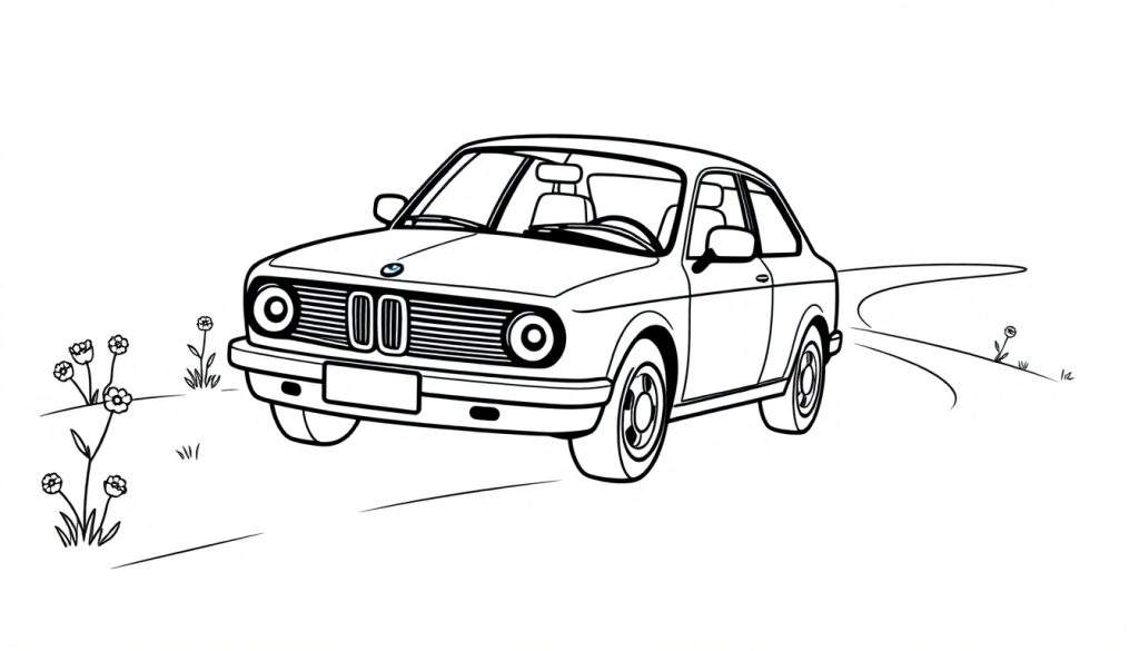 A vintage BMW car, ready to be colored, on a road with flowers. This color panel is perfect for young artists.