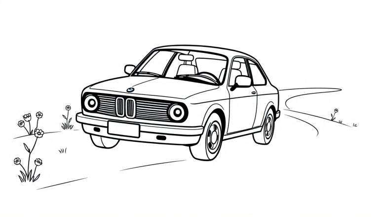 A vintage BMW car, ready to be colored, on a road with flowers. This color panel is perfect for young artists.