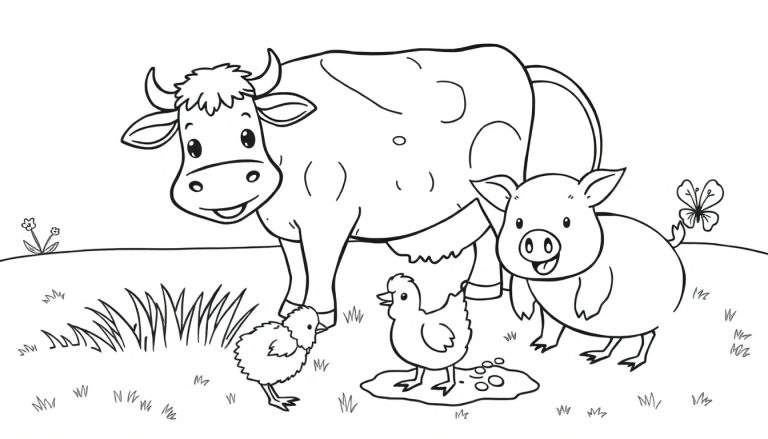 A cute farm animal color panel featuring a smiling cow, a pig with a butterfly on its tail, and two chicks, set against a plain background.