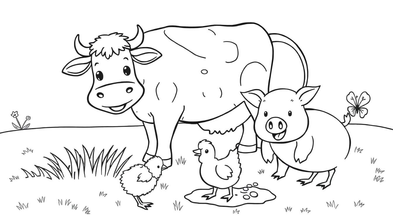 A cute farm animal color panel featuring a smiling cow, a pig with a butterfly on its tail, and two chicks, set against a plain background.