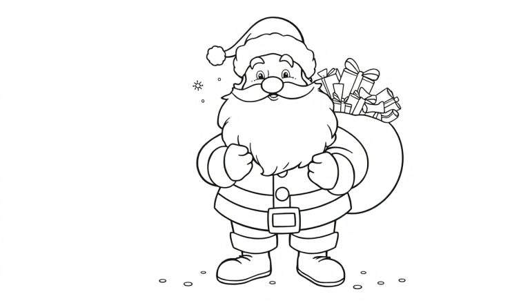 A cute black and white coloring panel of Santa Claus with a big sack of presents, smiling happily.