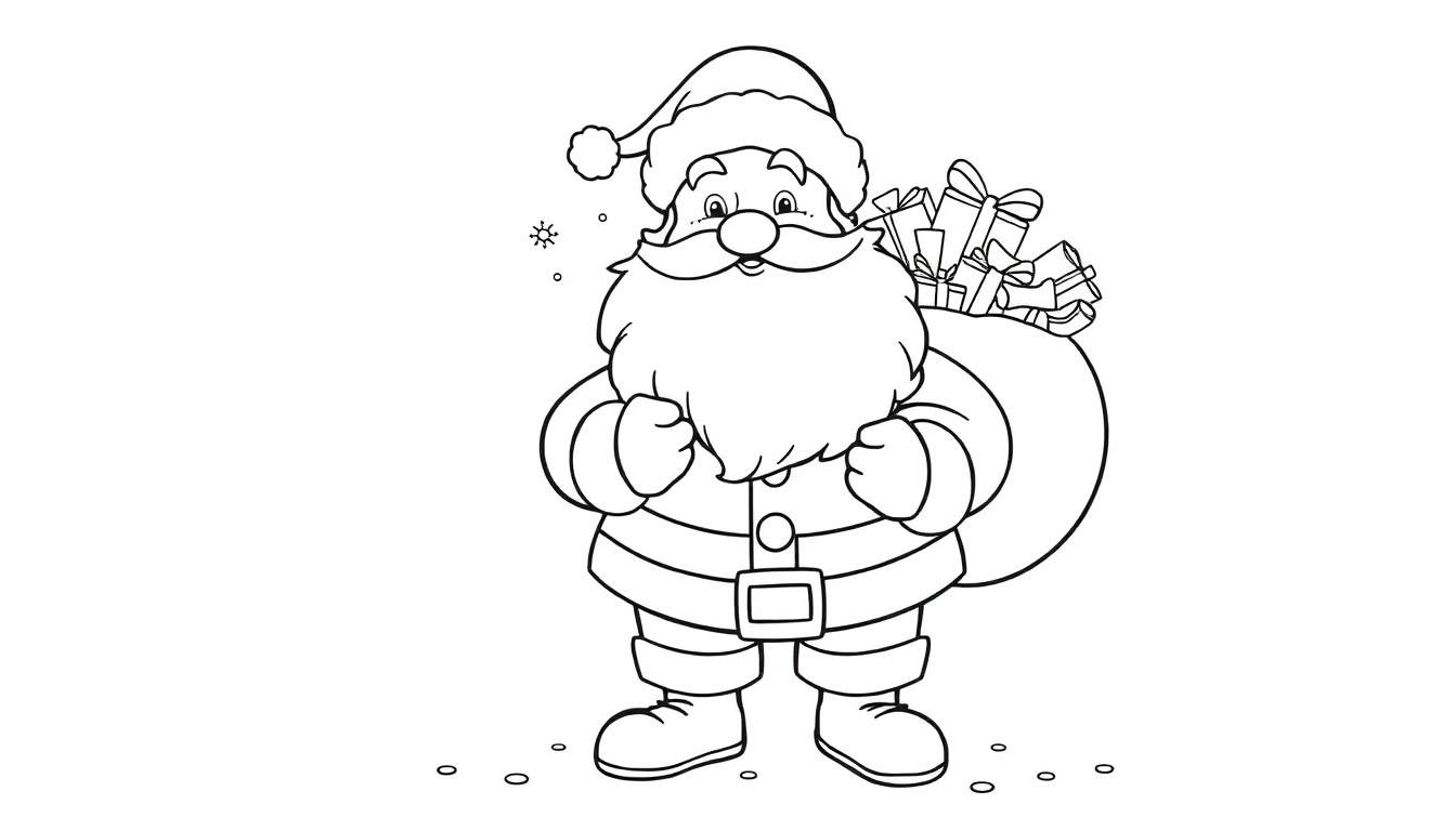 A cute black and white coloring panel of Santa Claus with a big sack of presents, smiling happily.