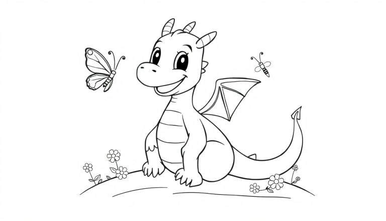 A friendly black and white cartoon dragon sitting on a hill, with a butterfly flying nearby, perfect for a color panel.