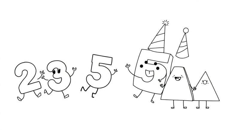 A cute black and white math adventure! Little numbers and shapes are playing together in a color panel. Perfect for a kids coloring page.