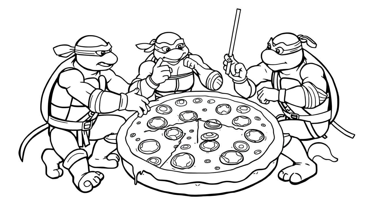 Teenage Mutant Ninja Turtles color panel: Leonardo, Donatello, and Michelangelo are ready to devour a giant pizza, with Leonardo reaching, Donatello pointing with a stick, and Michelangelo poised to grab a slice.