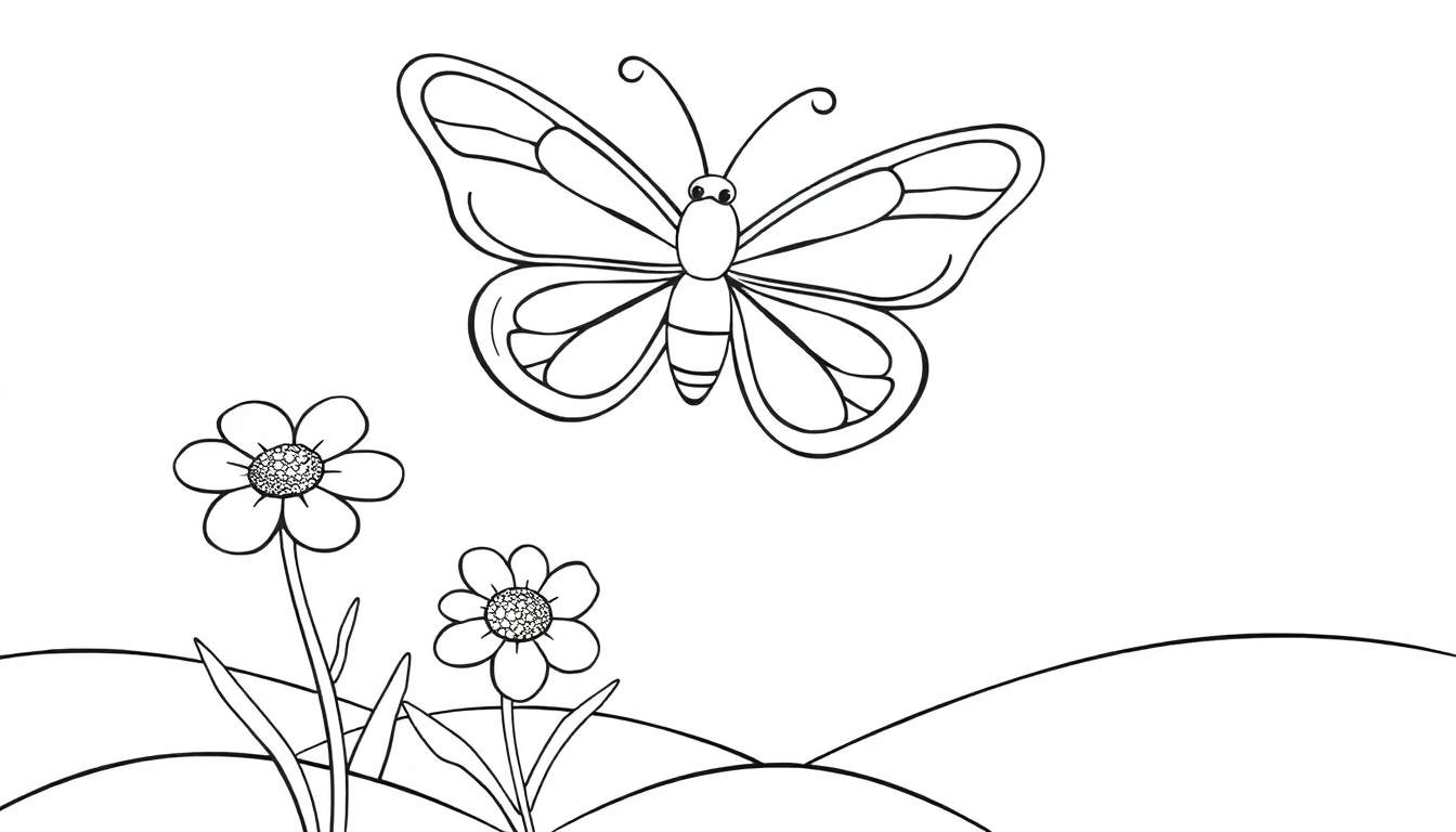 A black and white drawing of a butterfly above flowers and hills.