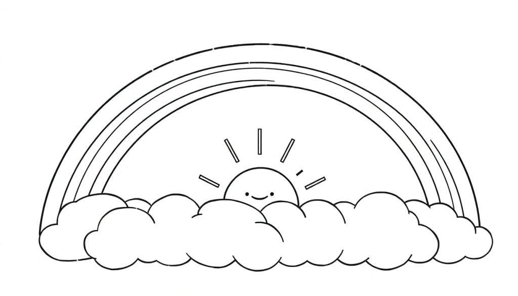 Black and white color panel of a happy rainbow over clouds with a smiling sun. A fun outline for kids to color.