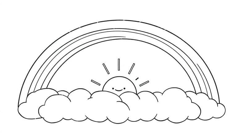 Black and white color panel of a happy rainbow over clouds with a smiling sun. A fun outline for kids to color.