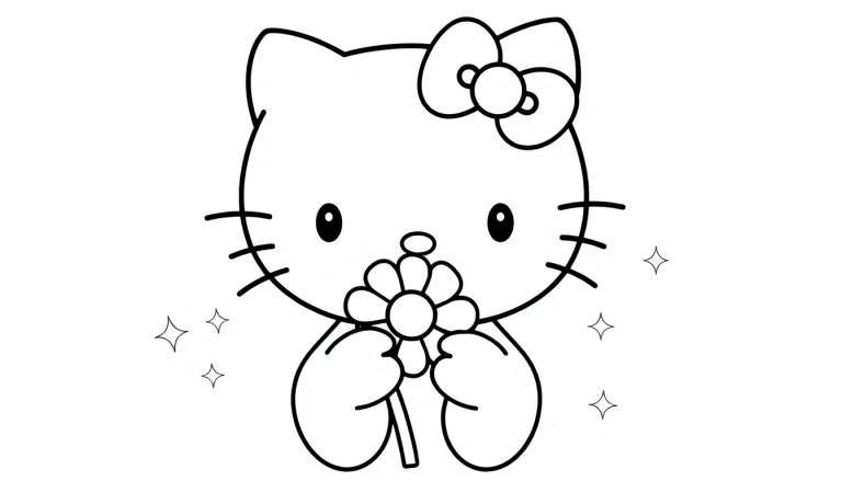 A black and white color panel of Hello Kitty holding a flower.