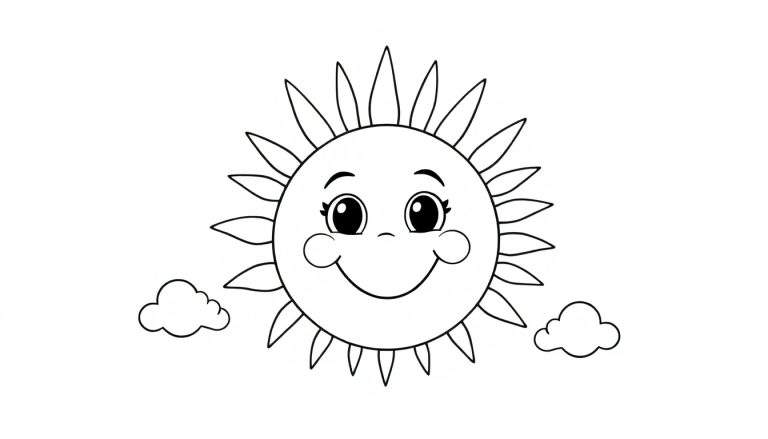 A black and white color panel of a happy cartoon sun with a big smile, rosy cheeks, and rays, with two small clouds on either side.