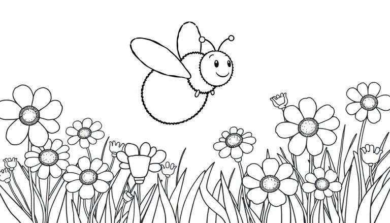 A happy bee buzzing over a colorful flower meadow, ready for a color panel adventure.