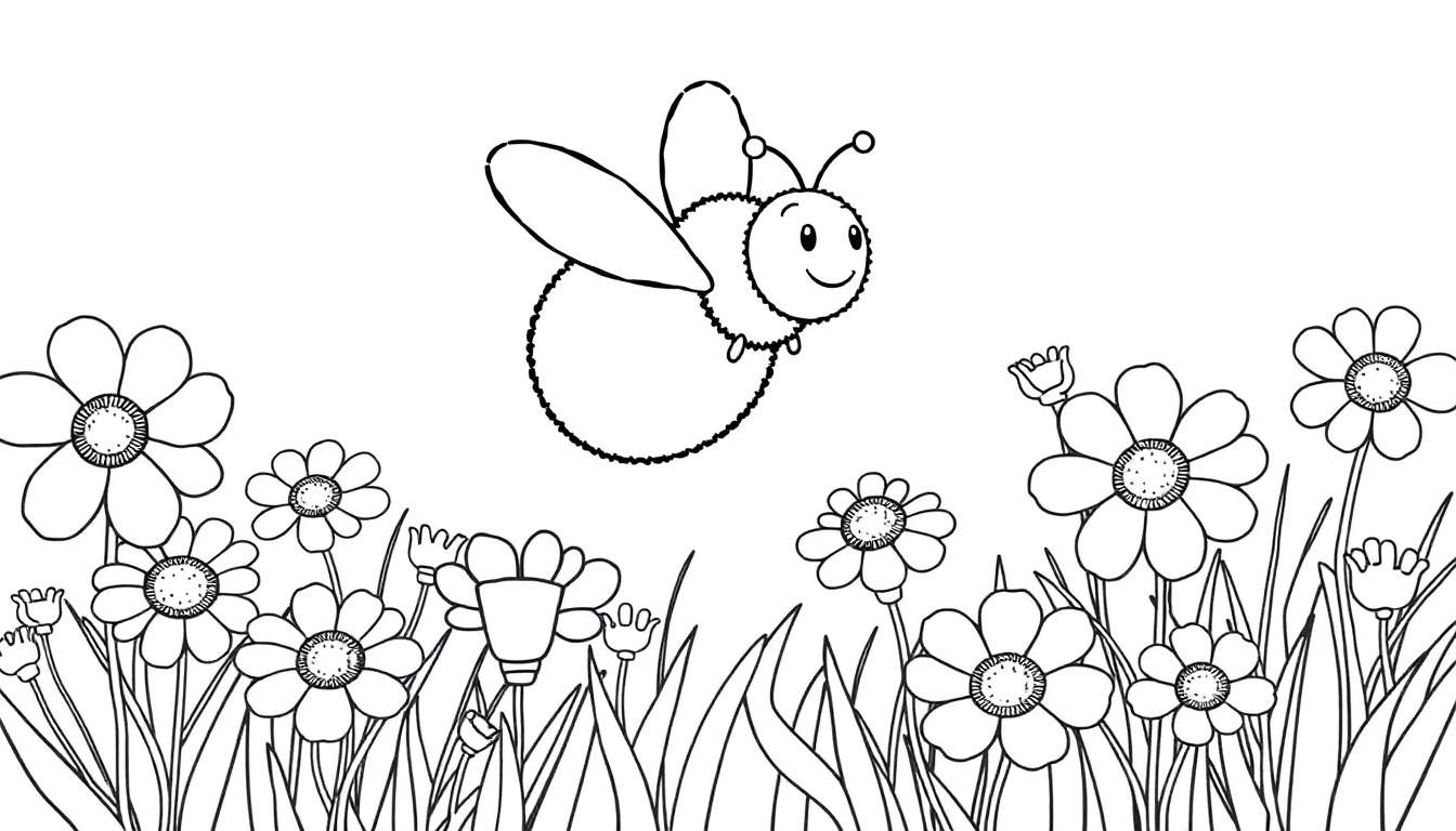 A happy bee buzzing over a colorful flower meadow, ready for a color panel adventure.