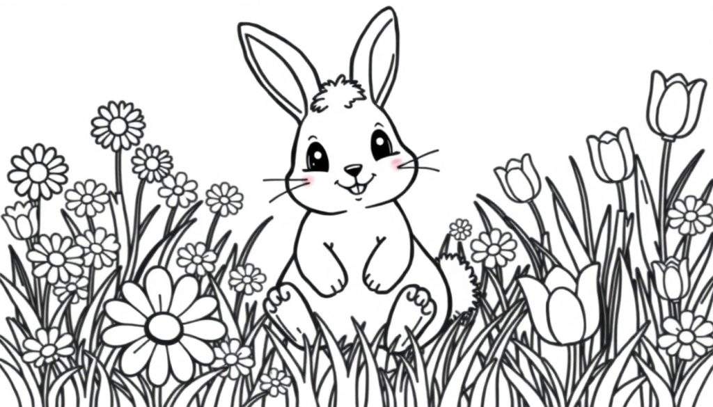 A cute bunny ready for coloring in a flower field color panel.