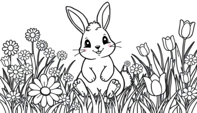 A cute bunny ready for coloring in a flower field color panel.