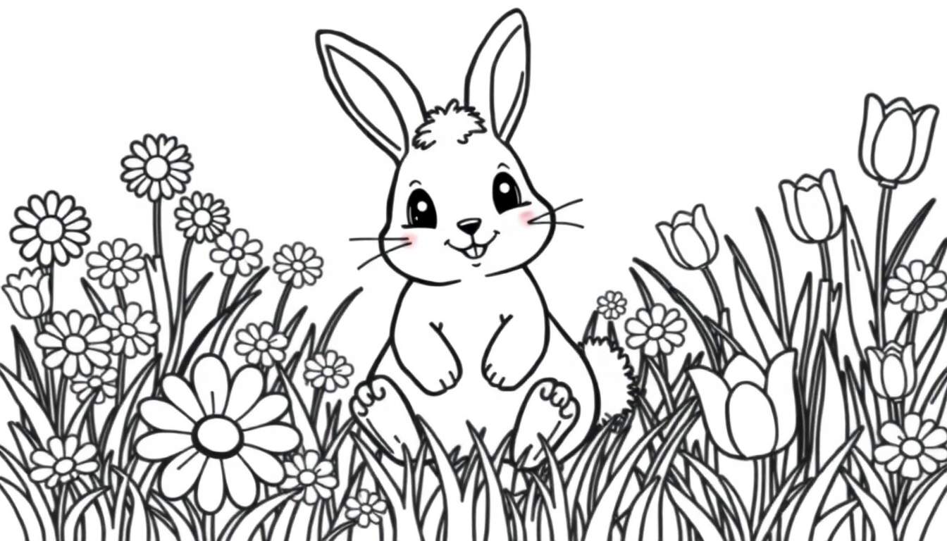 A cute bunny ready for coloring in a flower field color panel.