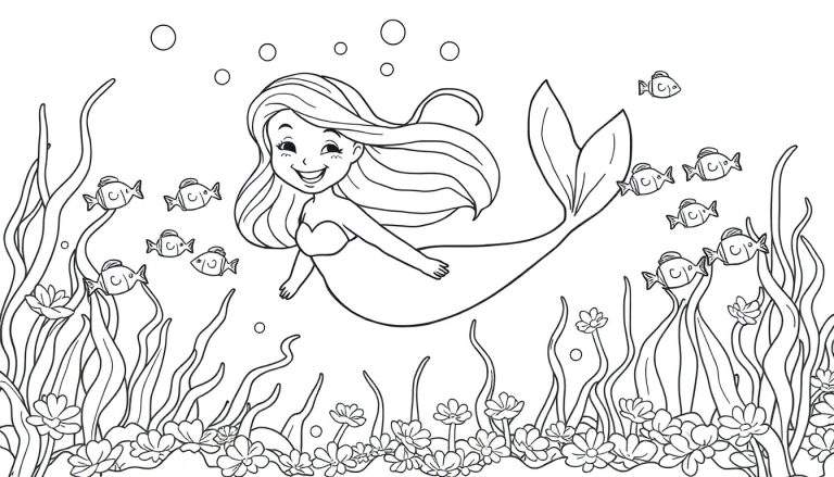 A cute mermaid with long hair and a smiling face, surrounded by friendly fish, seaweed, and bubbles, in a black and white coloring panel illustration.