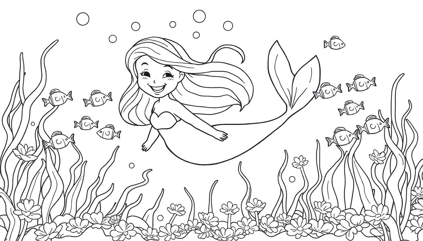 A cute mermaid with long hair and a smiling face, surrounded by friendly fish, seaweed, and bubbles, in a black and white coloring panel illustration.