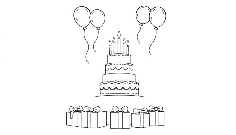 A black and white drawing of a birthday cake with 6 lit candles on top, surrounded by balloons and presents, perfect for a coloring panel.